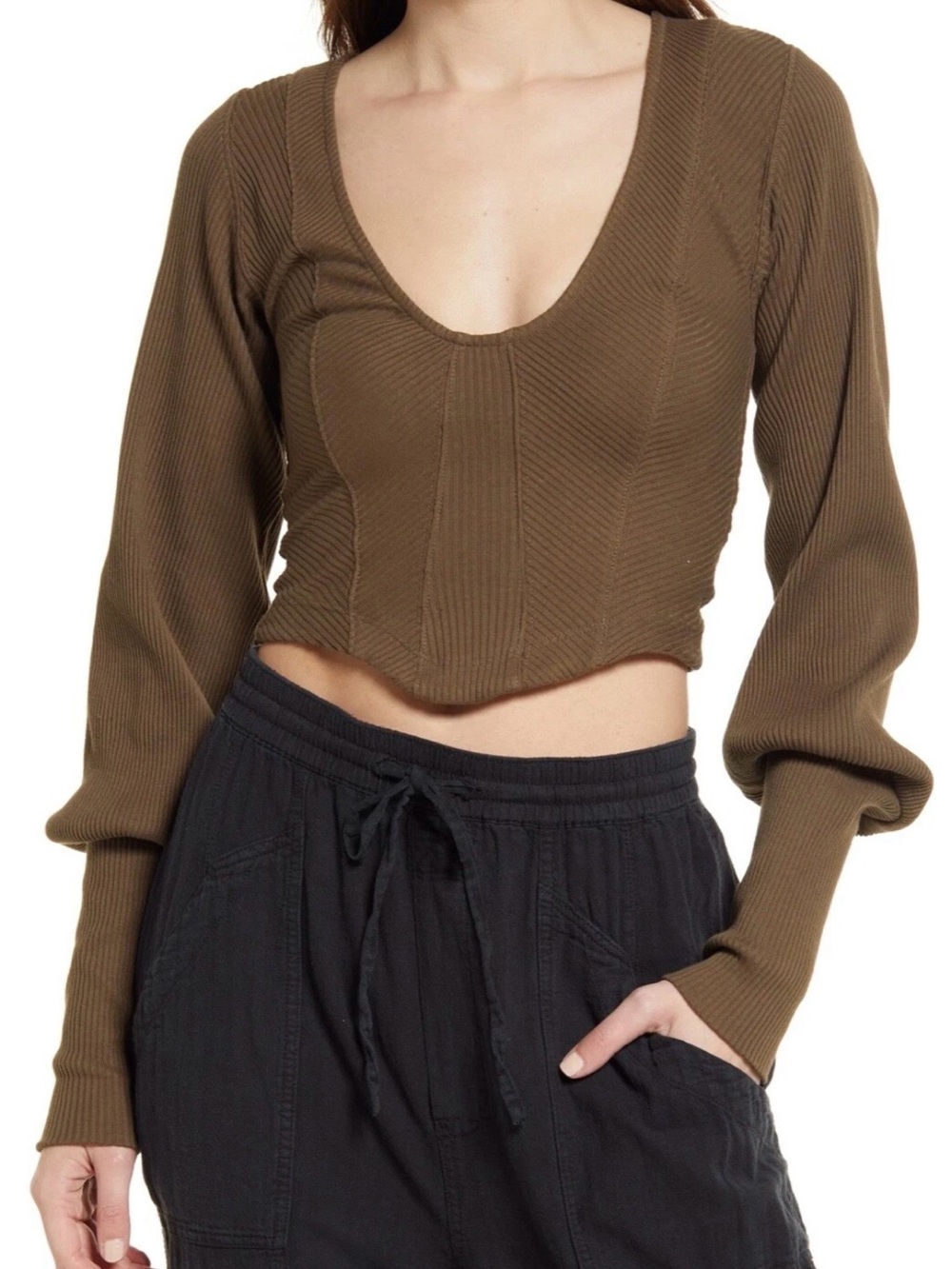 Free People Brown Ribbed Scoop-Neck Women's Top